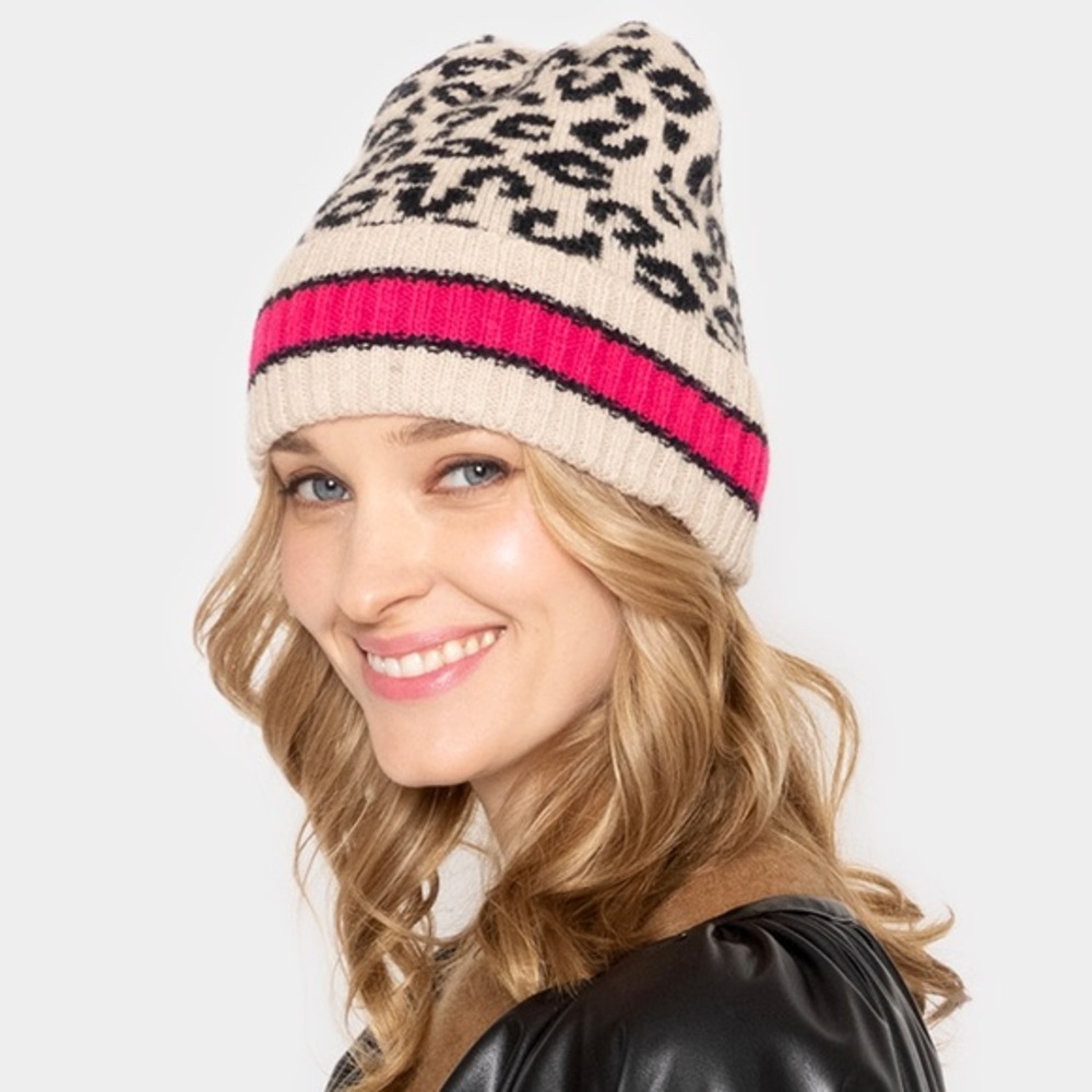 Leopard patterned pink striped beanie hat